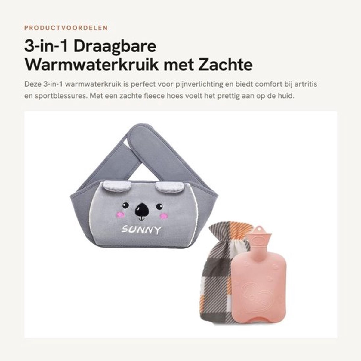 Warmwaterkruik 3-in-1 met fleecehoes - Lekvrij - Pijnverlichting - Artritis - Sportblessures - 1000 ml - Warmwaterfles