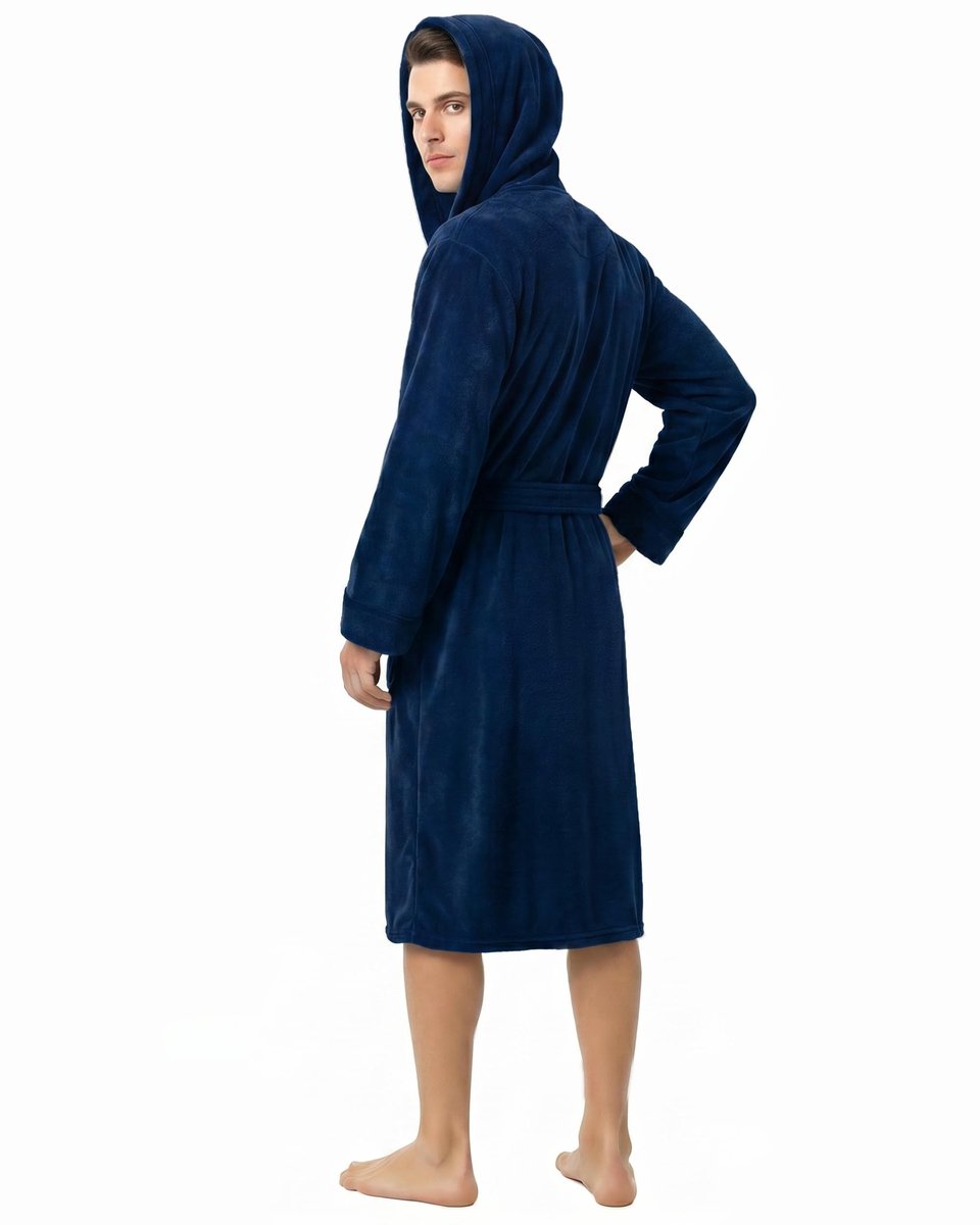 SnelShoppen - Badjas met capuchon voor heren, zachte fleece ochtendjas, nachtkleding, marineblauw, maat L, perfect voor thuis, relaxen en wellness