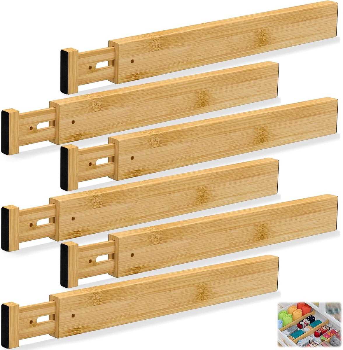 Verstelbare en uitbreidbare bamboo lade-organizer set van 6, ideaal voor keuken, kantoor en slaapkamer, duurzaam en milieuvriendelijk opbergsysteem voor een opgeruimde ruimte