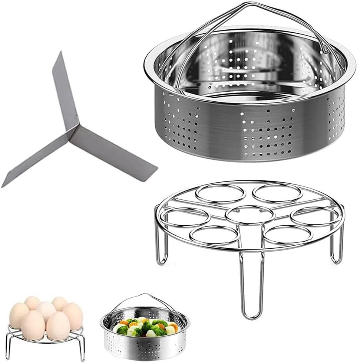 3-delige Stoomrek Set voor Snelkookpan met RVS Stoommand, Eierenrek en Divider voor 21 cm Binnenmaat