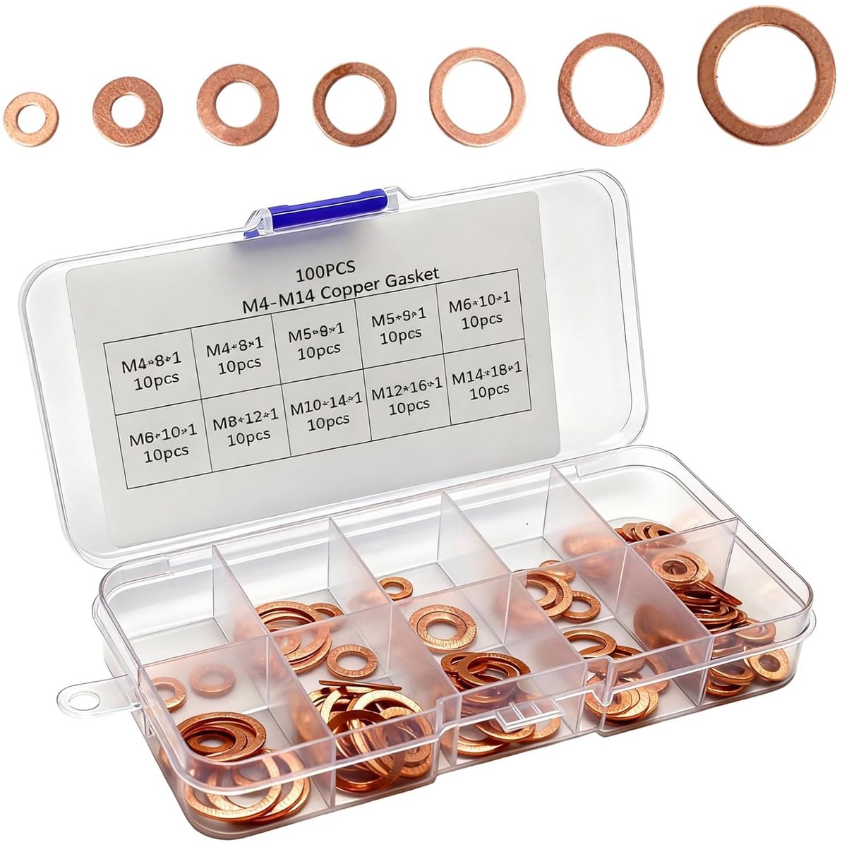 Set van 100 koperen ringen, afdichtringen voor olieafvoer, gaskets voor schroeven M4/M5/M6/M8/M10/M12/M14, wasmachine set voor brandstofaccessoires