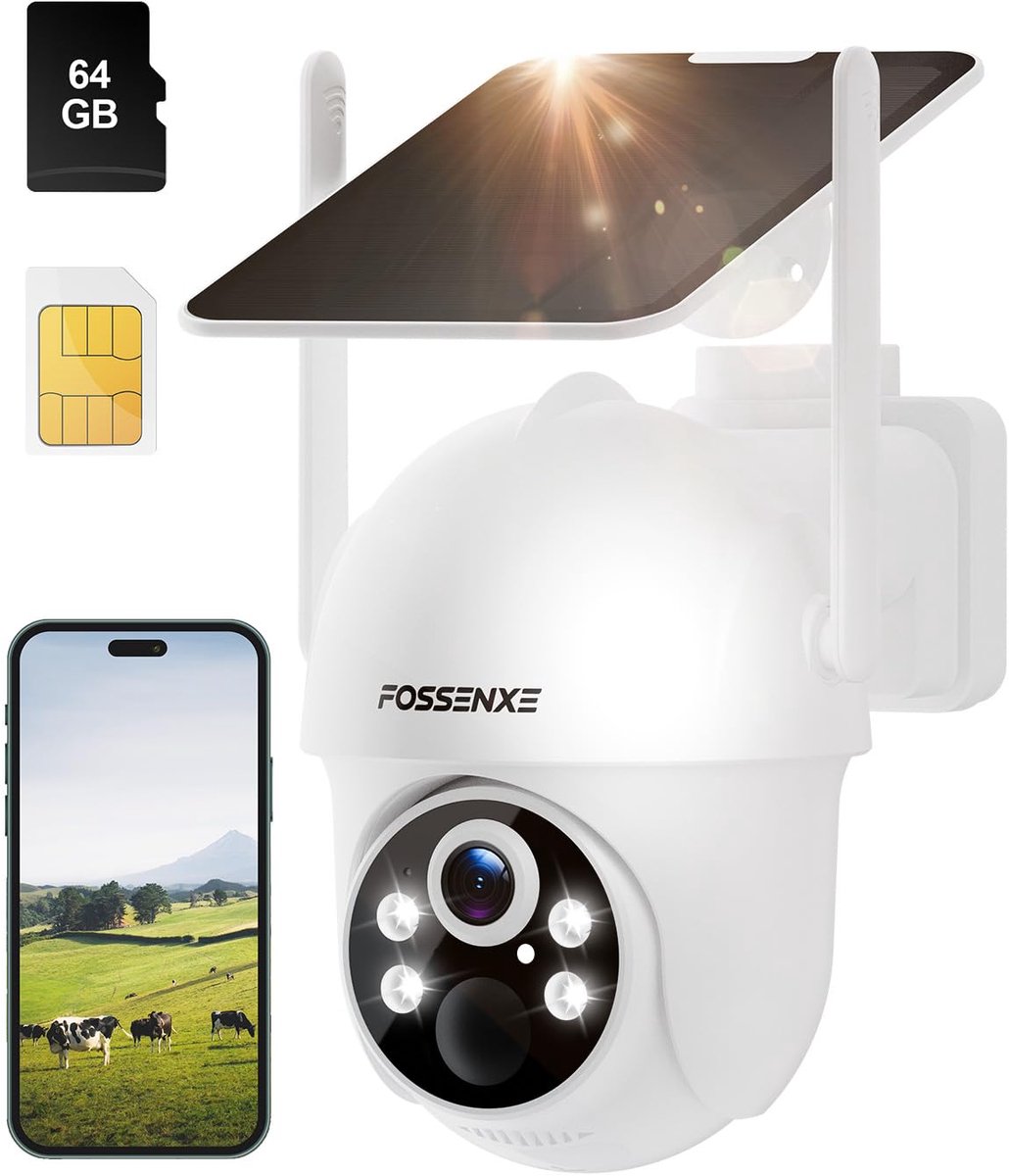 SnelShoppen - 4G LTE Beveiligingscamera voor Buiten, Draadloze Zonne-energiecamera met SIM-kaart, 64GB Opslag, 2K HD 4MP PTZ-camera, Nachtzicht in Kle