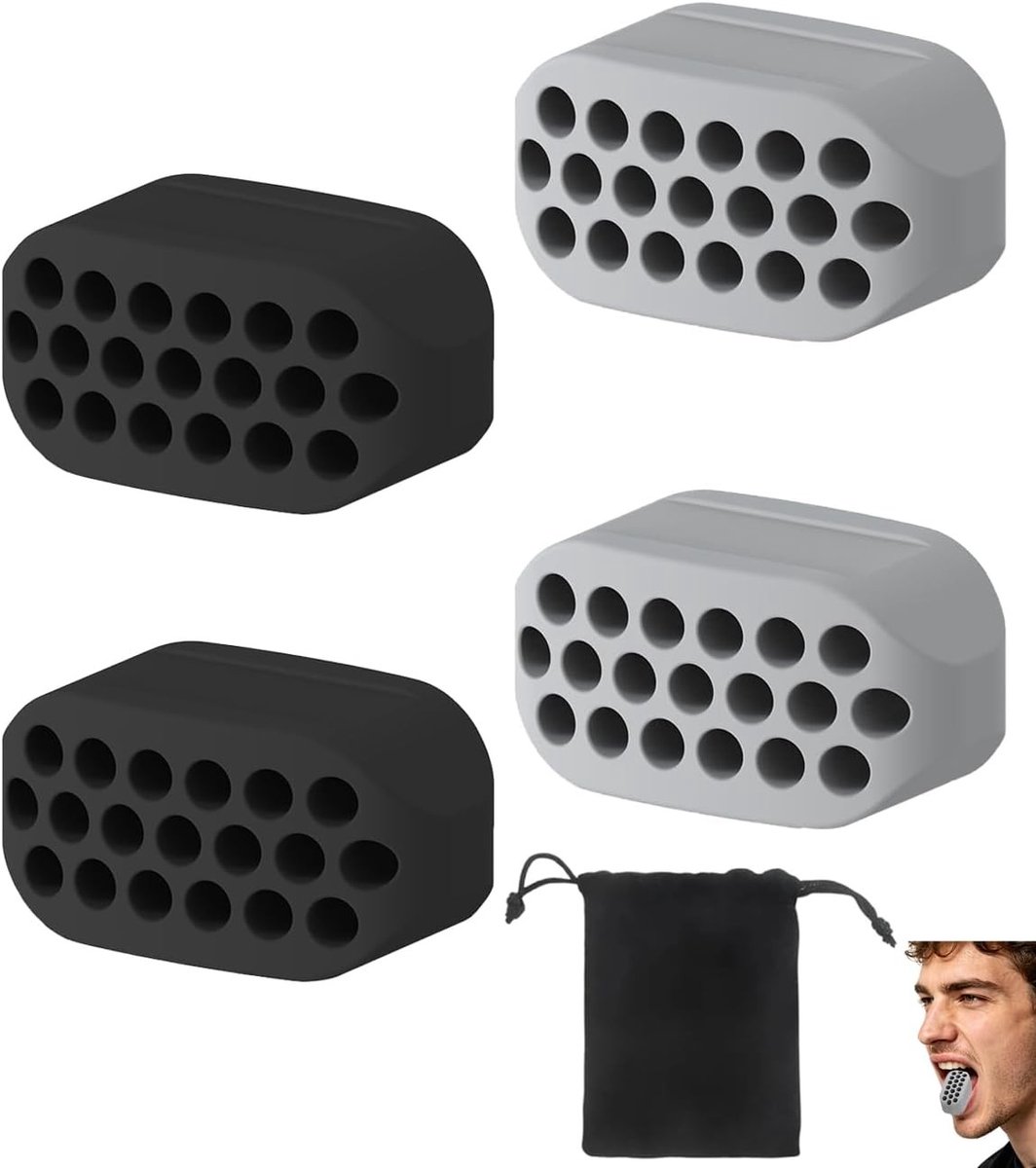 Kaaktrainer Set van 4 (2 Zwart, 2 Grijs) met Fluwelen Zakje voor Effectieve Kaaktraining, Vermindering van Dubbele Kin en Gedefinieerde Kaaklijn