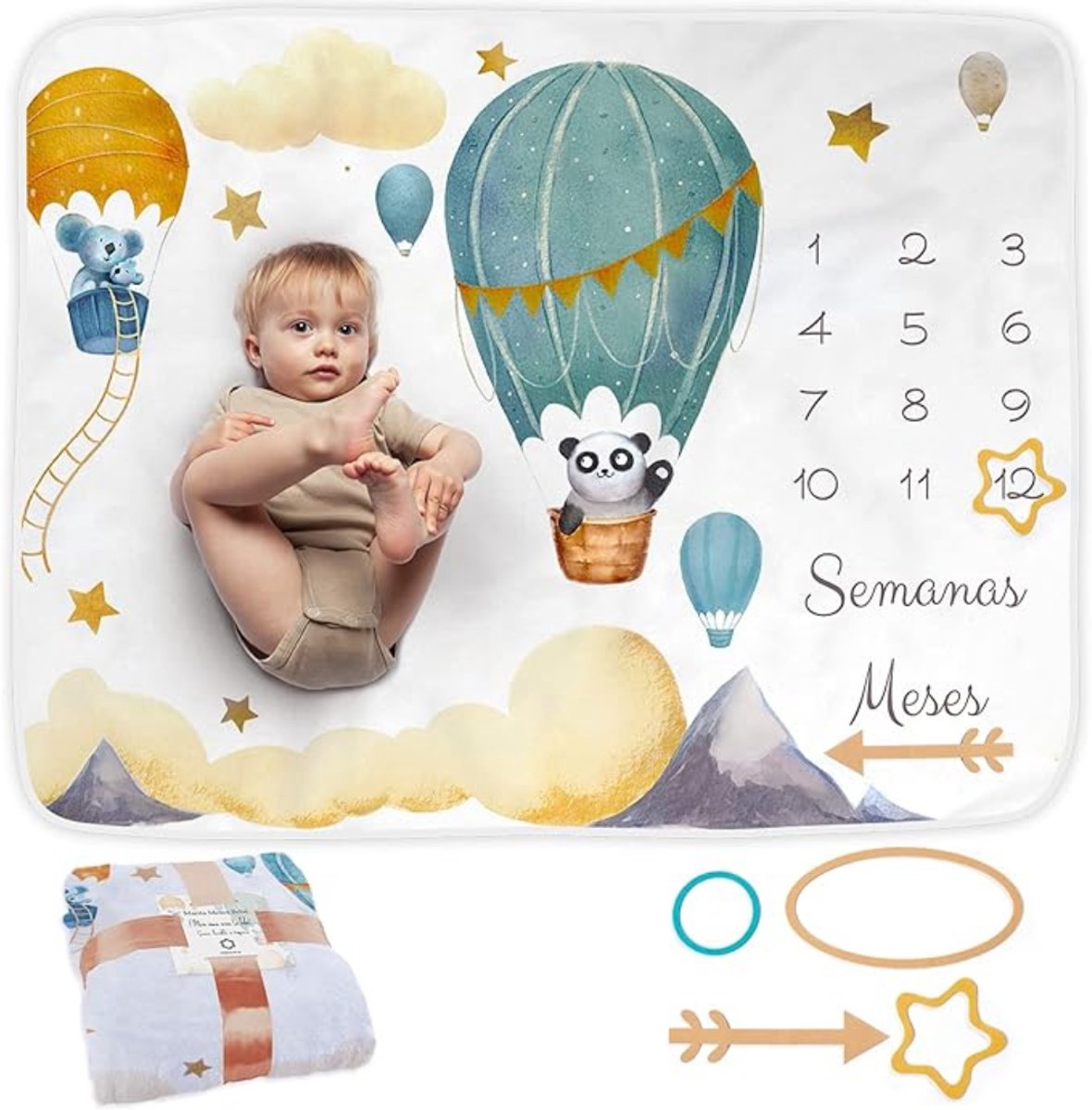 Verte Mijlpaaldeken - Mijlpaaldekentje - Maandelijks Dekentje voor Baby’s - Jongens - Meisjes - Unisex - Ballonmotief - Gepersonaliseerd Cadeau voor Pasgeborenen - Babydekentje - Mijlpaaldekentje en Lijstje