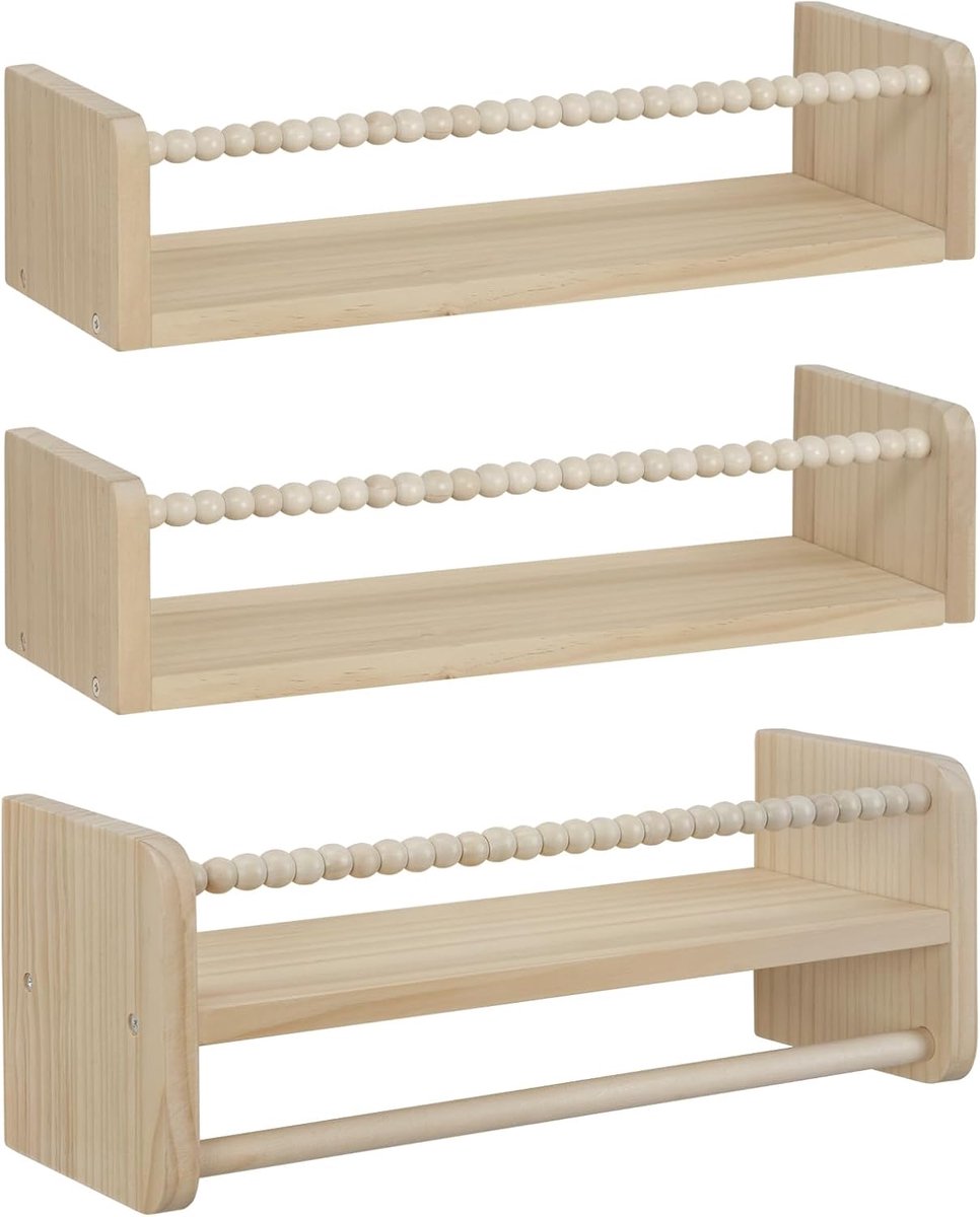 SnelShoppen - Set van 3 Wandplanken Kinderen, 40 cm, Kinderkamer Plank, Massief Hout, Zwevende Wandplank, Montessori Plank voor Boeken en Speelgoed, N