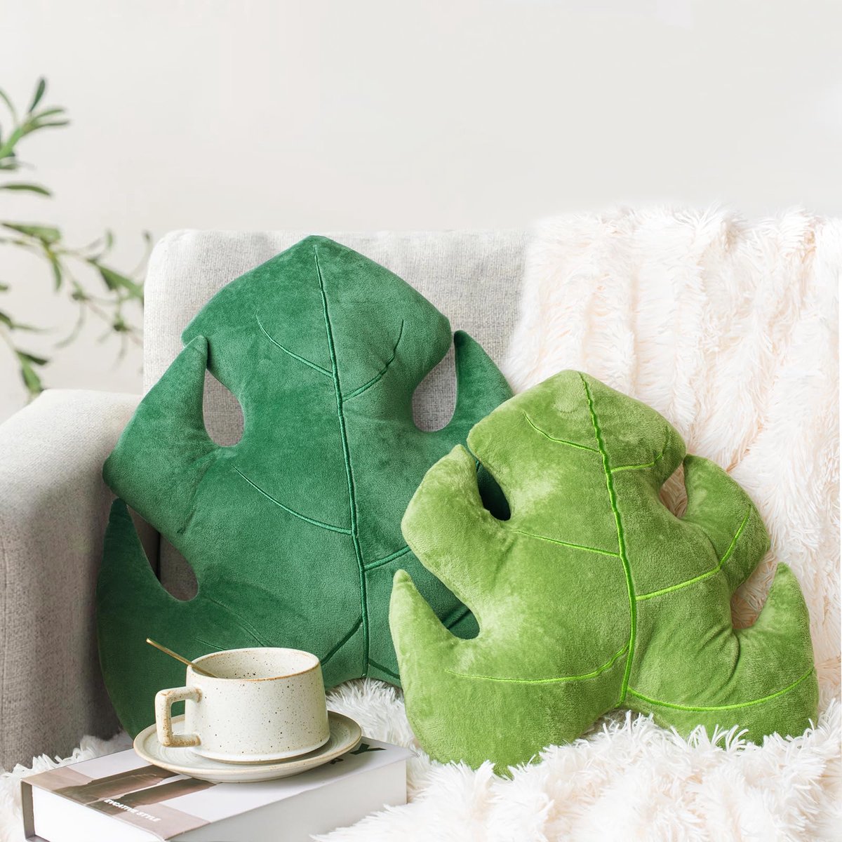 SnelShoppen - Set van 2 Decoratieve Sierkussens met 3D-Bladeren, Pluche Monstera Deliciosa Kussenset 45,7 cm en 35,6 cm voor Woonkamer, Slaapkamer, Ki