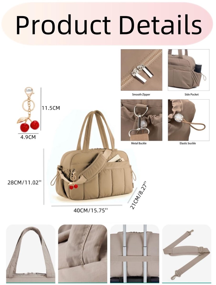 SnelShoppen - VOKUVIKU Sporttas Dames - Grote Waterdichte Fitness Tas - Kersenhanger Cadeau - Bruin Weekend Reistas 19x42x30 cm voor Gym, Zwemmen, Rei