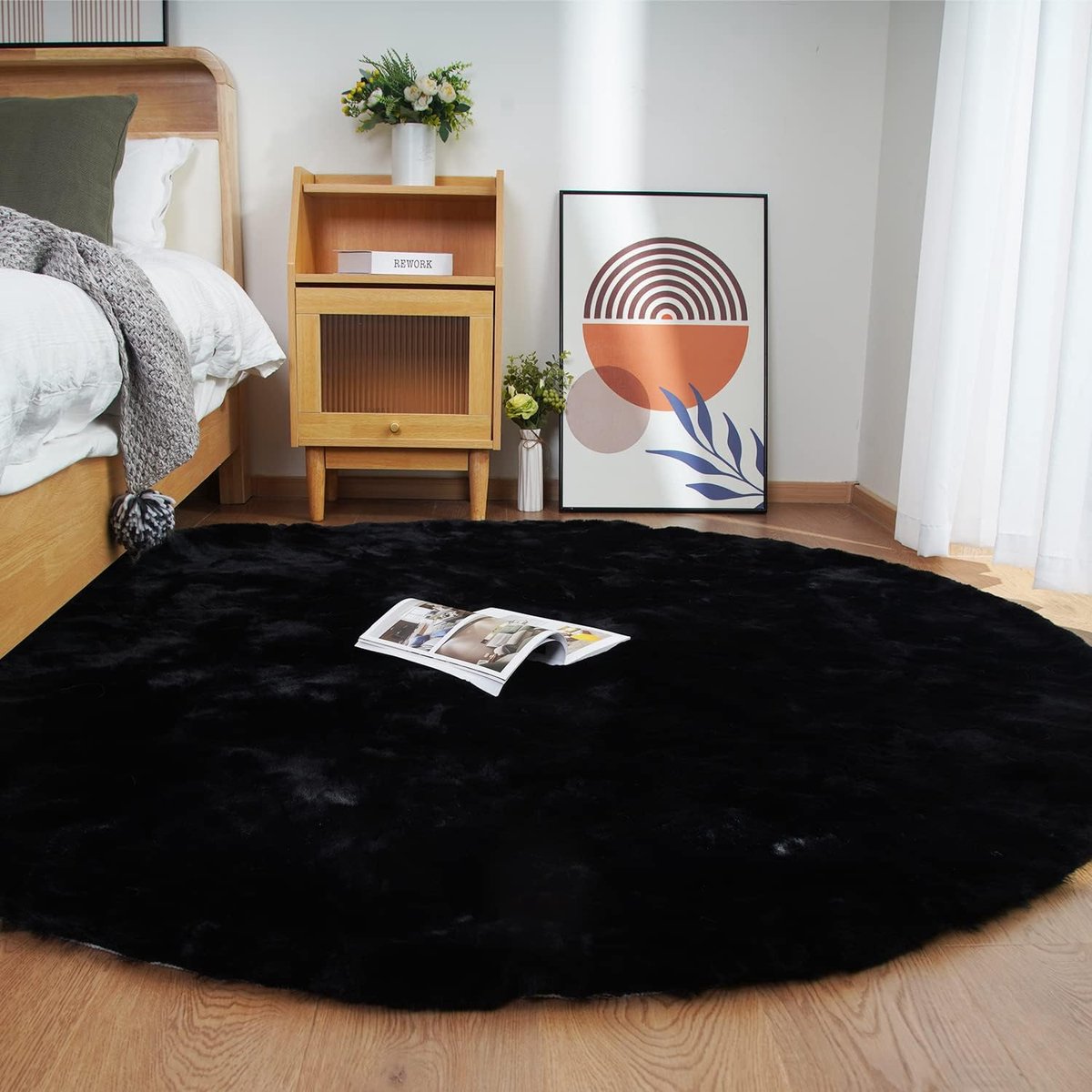 SnelShoppen - Ghouse Hoogpolig Vloerkleed Rond 240 cm Zwart Antislip Pluizig Shaggy Tapijt voor Woonkamer en Slaapkamer - Wasbaar Fluffy Faux Fur