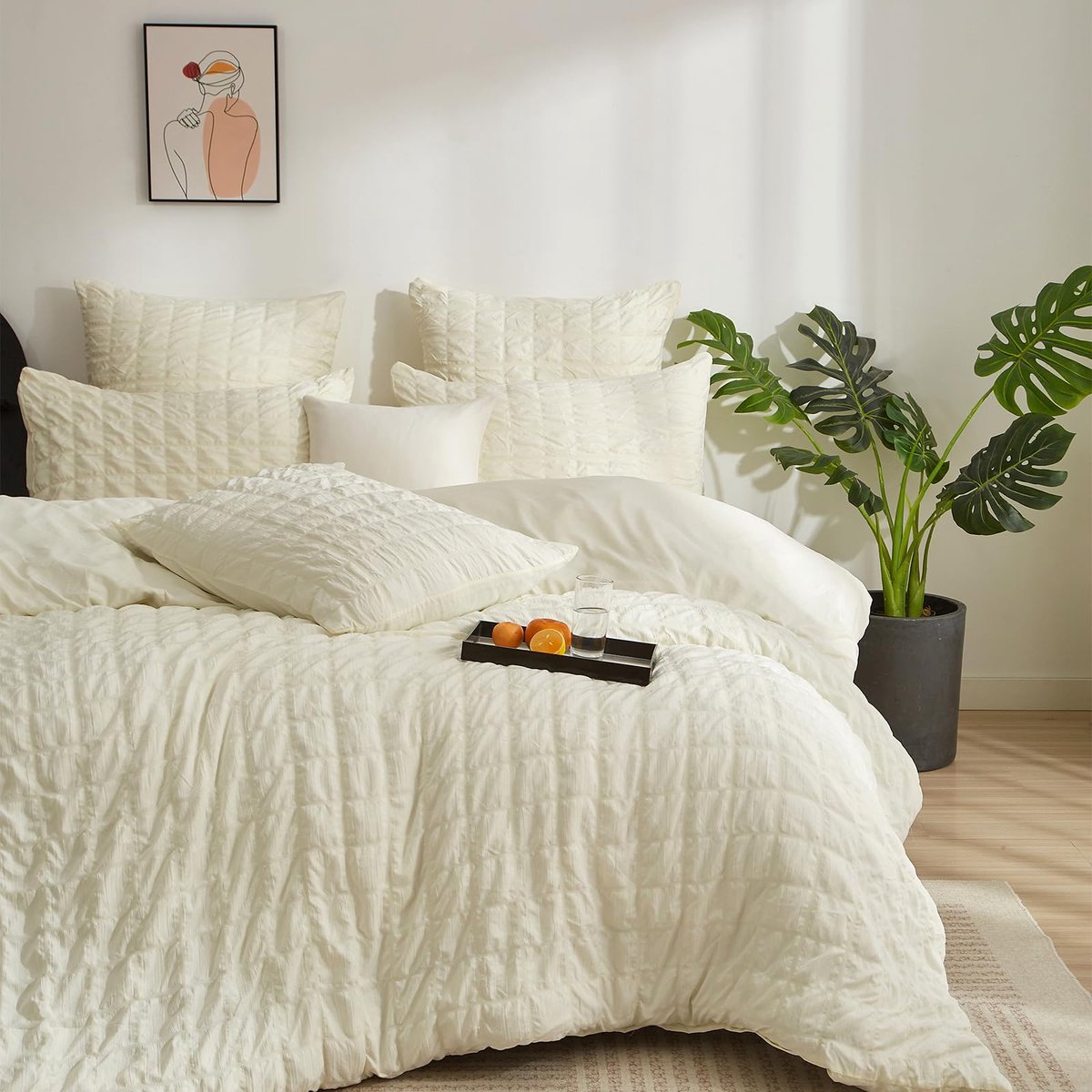SnelShoppen - Seersucker Beddengoed 200x200 Beige Kariert - Modern 3-Delig Microvezel Dekbedovertrek Set met Ritssluiting + 2 Kussenslopen 80x80 cm -