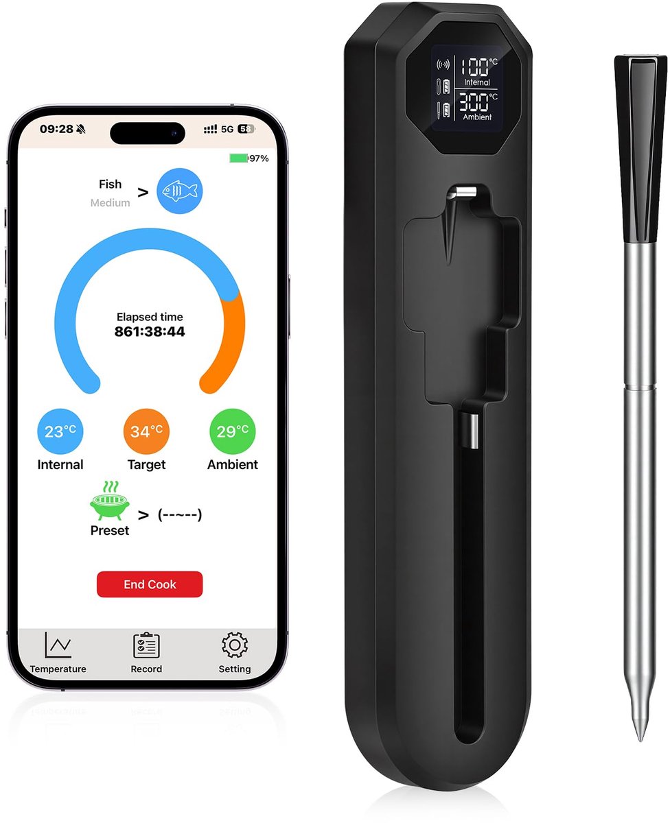 Draadloze Vleesthermometer - App Gestuurd - Perfect Grillen - 150 Meter Bereik - 3.3mm Sonde - Zwart