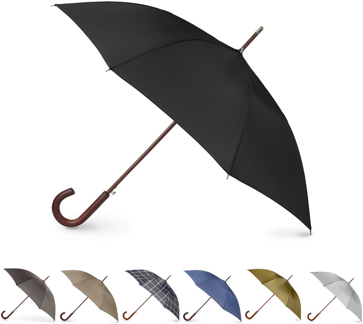 SnelShoppen - Totes Eco Auto Open Paraplu met Houten J-Stick Handvat - Winddicht, Regendicht en Duurzaam - Zwart - Perfect voor Regenachtige Dagen en