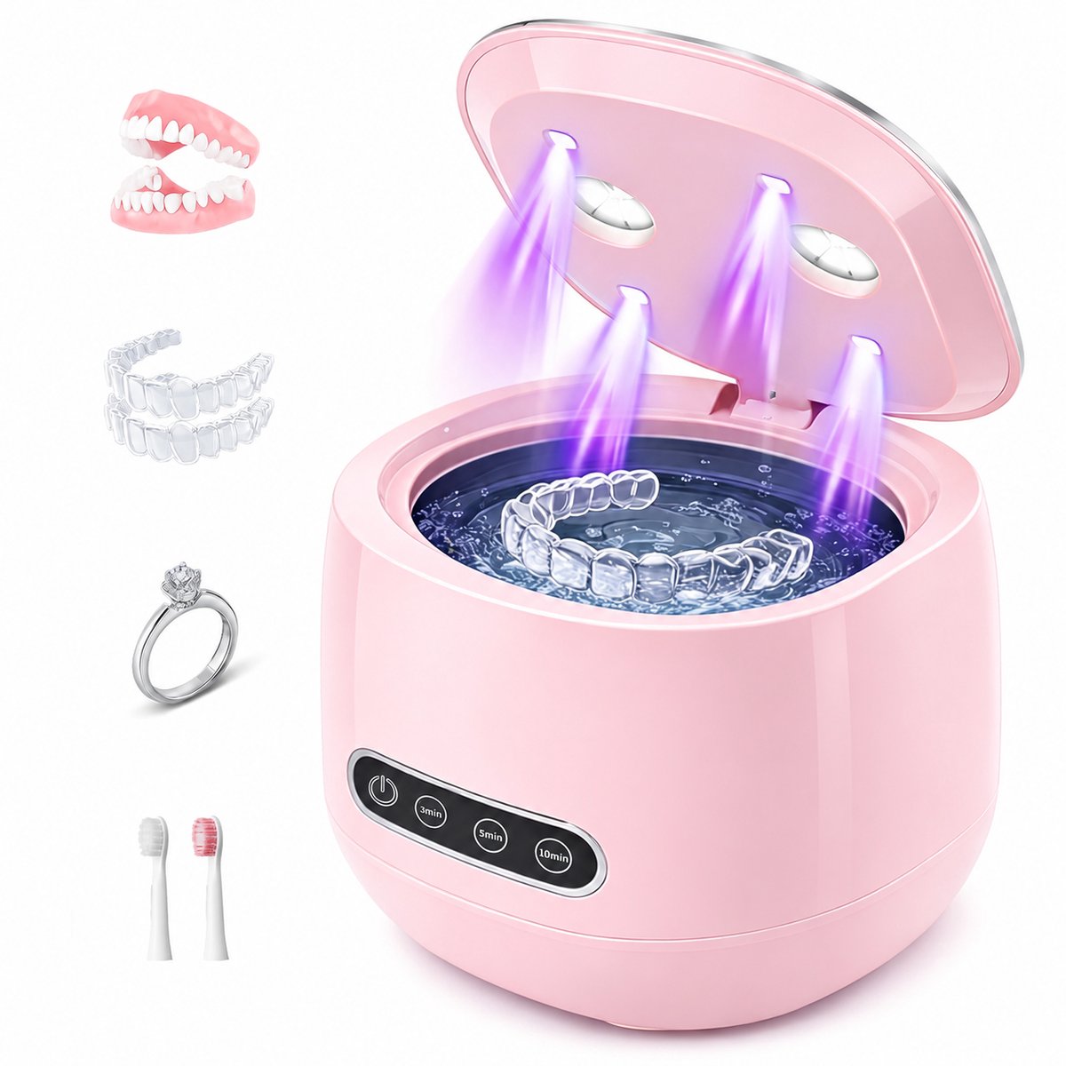 Ultrasone Reiniger Roze - 45 kHz Tandreiniger voor Kunstgebitten, Beugels, Aligners & Sportbitjes - UV-Sterilisatie & Diepe Reiniging - 3 Standen voor Tandenborstels, Sieraden, Ringen & Meer- Draagbare Gebitsprothese Reiniger- Eenvoudig te Gebruiken