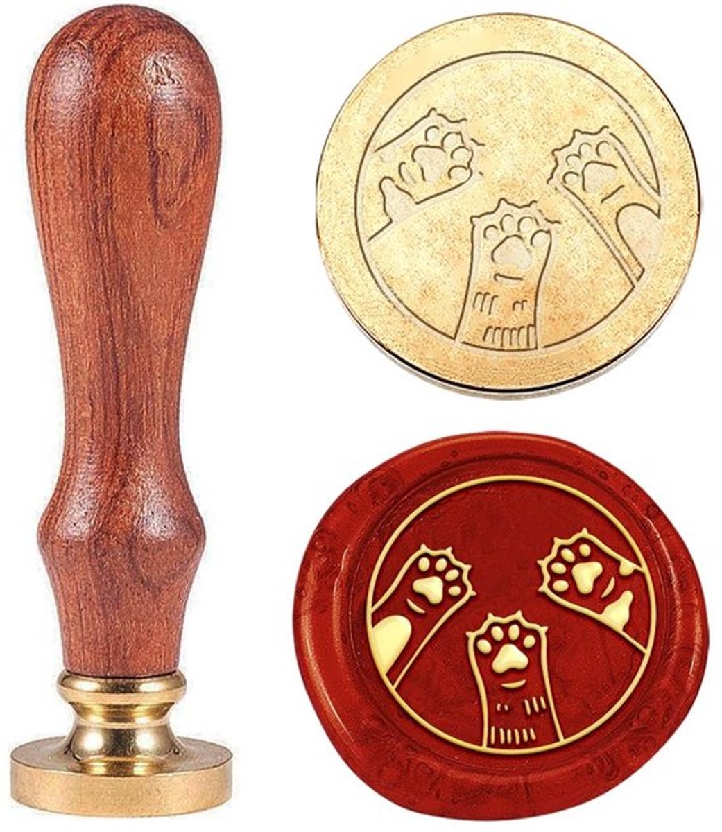 Zegel Kattenpoot - Messing Kop - Houten Handvat - Voor Uitnodigingen - Decoratie - 25 mm - Waszegel