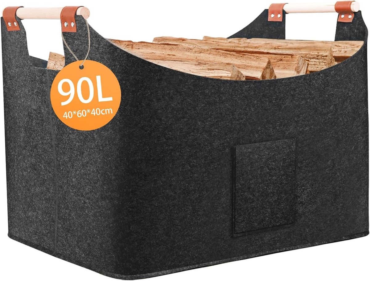 Vouwbare Houten Mand met Vilt Tas, 40 x 40 x 60 cm, 96 Liter, Ideaal voor Hout, Boodschappen en Kranten, Met Handvat en Extra Dikke Viltvoering