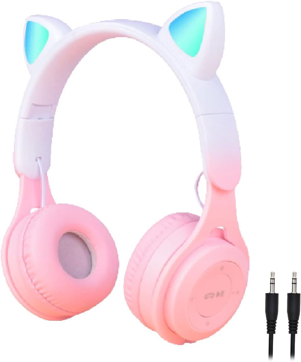 SnelShoppen - Draadloze Hoofdtelefoon voor Kinderen met Microfoon, Cat Ear LED Licht, Volume Beperking 74/85/94dB, Opvouwbare Over-Ear Hoofdtelefoon v