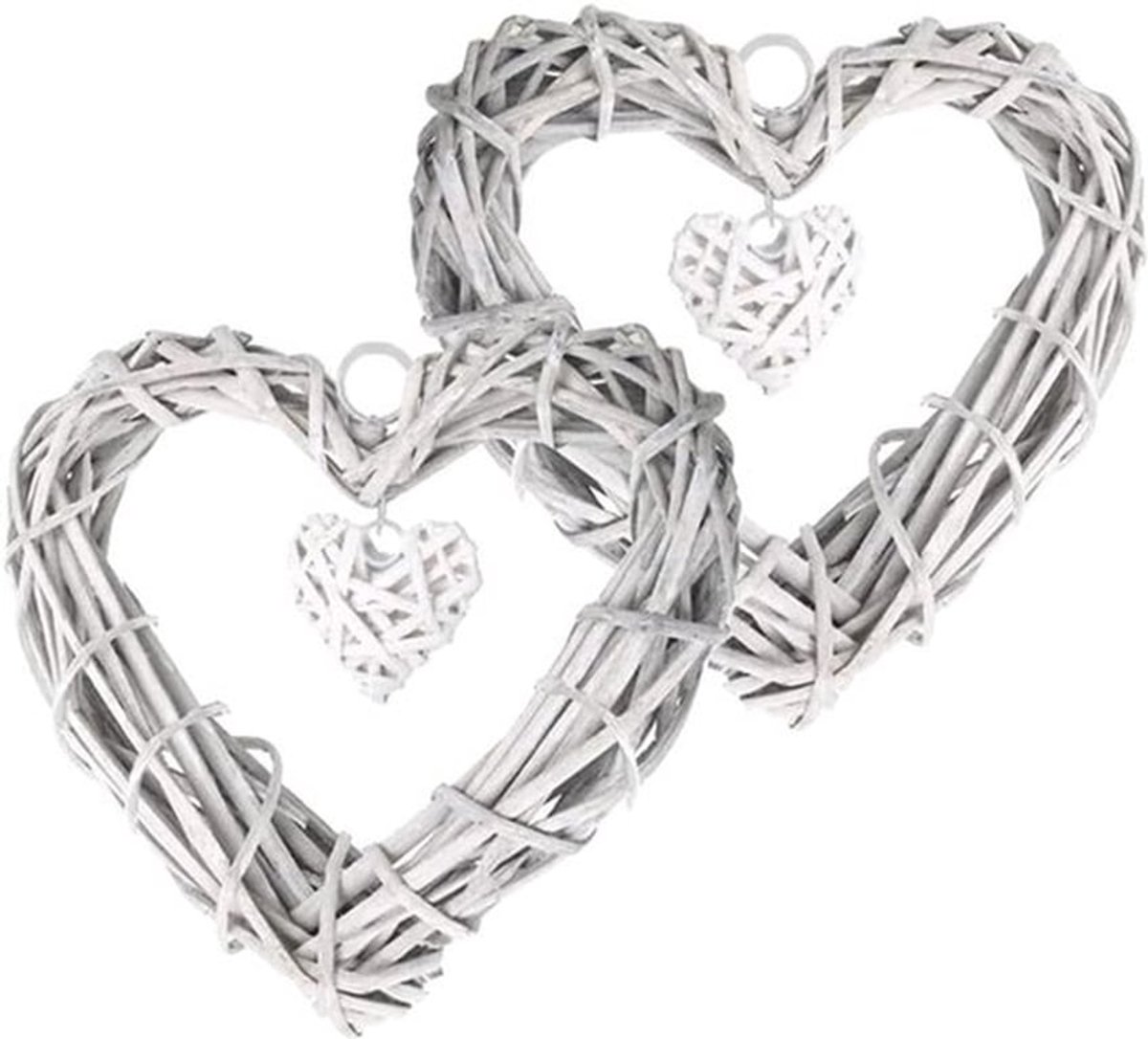 SnelShoppen - Willow Wreath Hart Rattan Pendants 2 Stuks - Grijze Wicker Hart Decoratie voor Raam en Muur - 20x20 cm - Perfect voor Feest, Bruiloft en