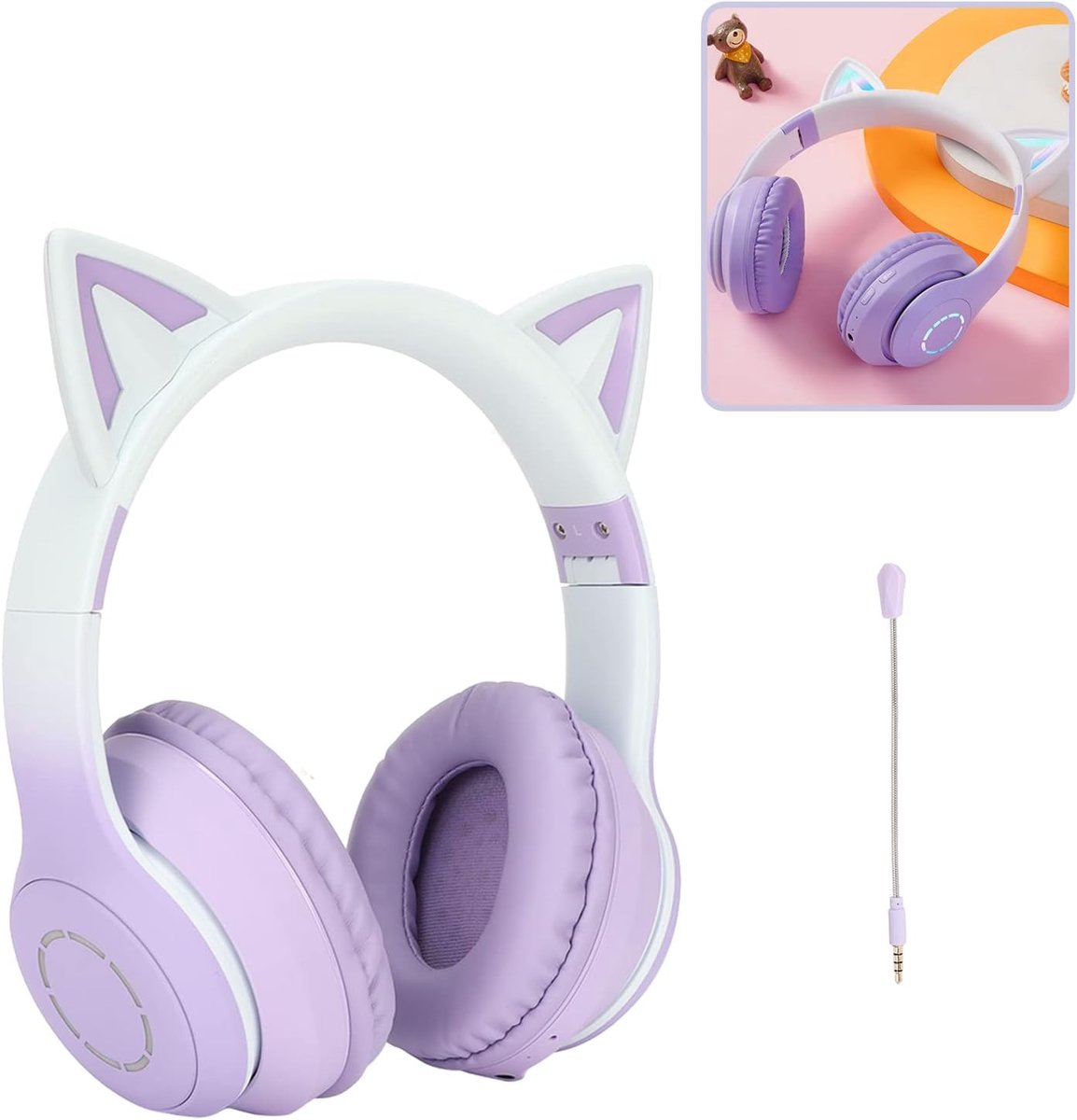 SnelShoppen - Cat Ear-koptelefoon Draadloze Gaming-headsets Bluetooth 5.1 met 3,5 mm AUX-kabel, Opvouwbare Hoofdtelefoon met 7 Kleuren LED-verlichting