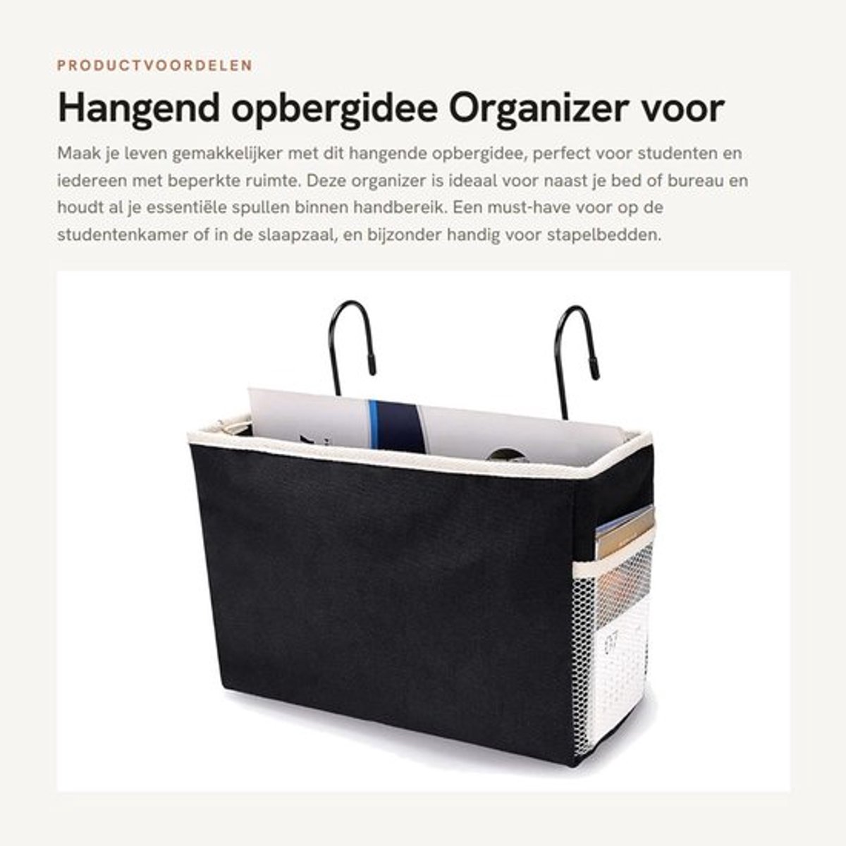 Opbergidee met hoofdvak - Hangende Organizer - Bed Opbergzak - Ruimtebesparend - Zwart - 28 x 10 x 19 cm