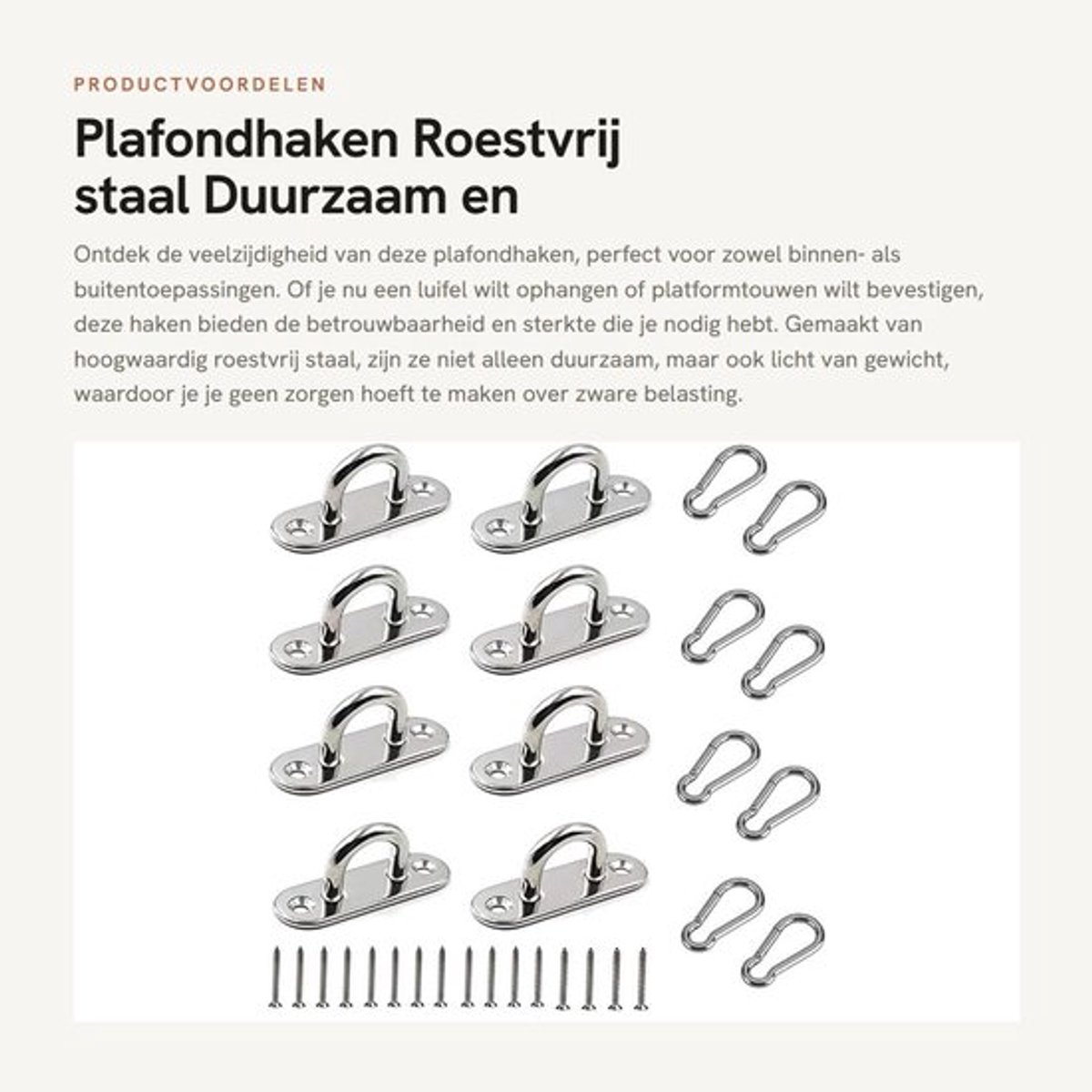 Plafondhaken U-vormig - Roestvrij Staal 304 - 8 Stuks - Maximale Belasting 40 kg - Wandanker met Karabijnhaak - Duurzaam Design - Haak