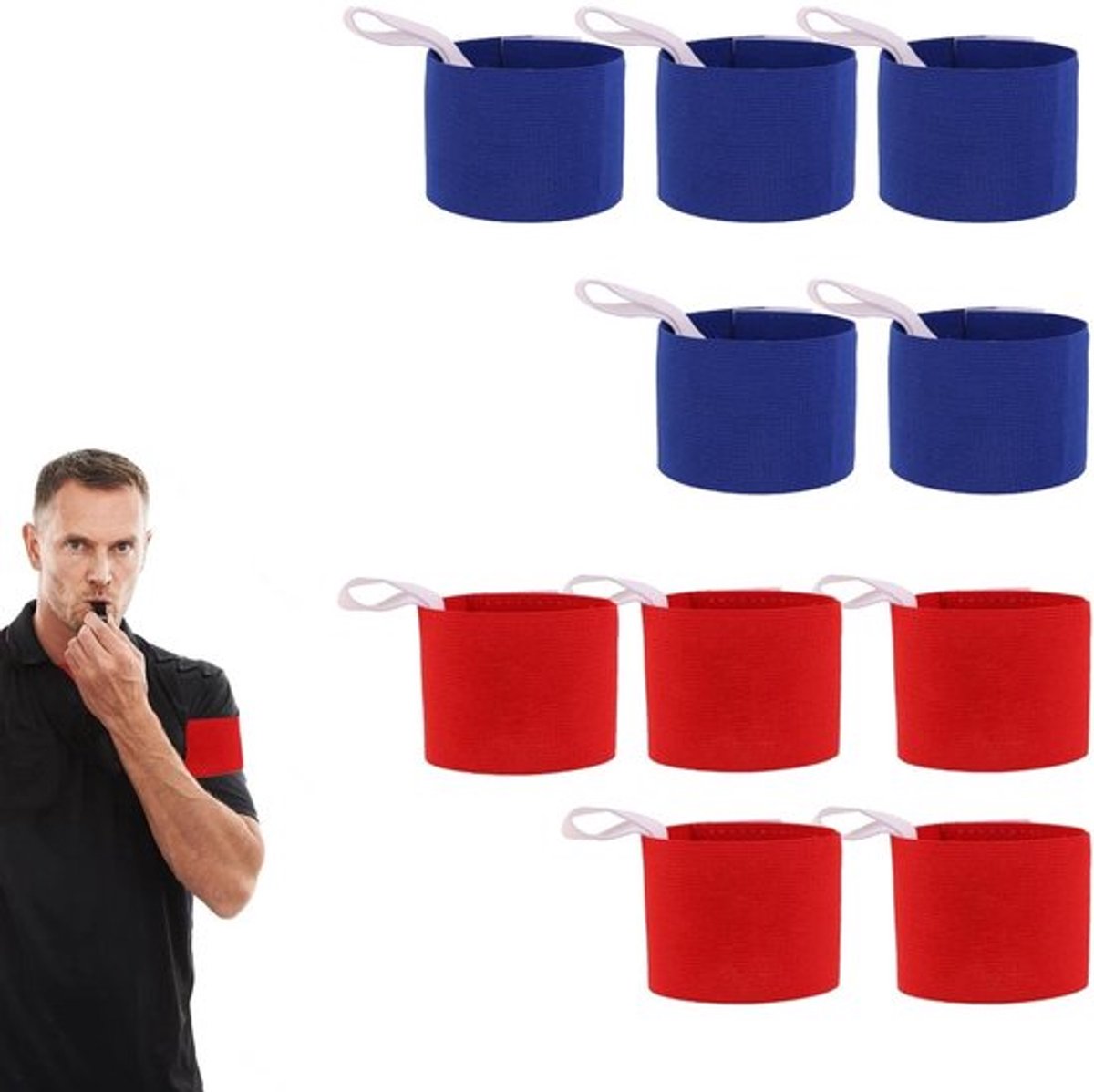 10 stuks verstelbare maandverbanden (rood en blauw), kapitein-sportarmband met klittenband en 6 patches, ademende teamband, voor voetbal, rugby, basketbal, tennis, herbruikbaar