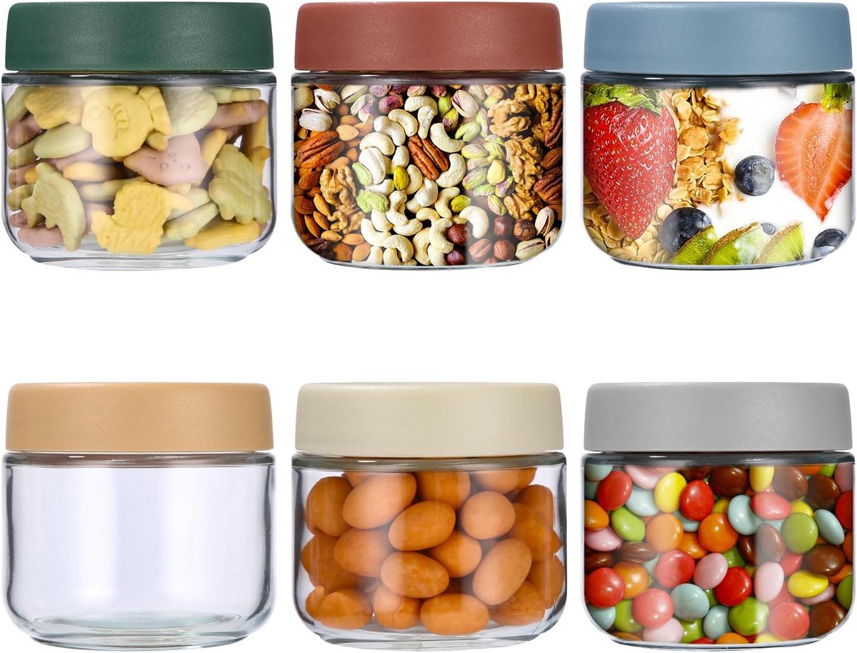 SnelShoppen - Set van 6 Herbruikbare Glazen Preserving Jars 300 ml met Schroefdeksel voor Overnight Oats, Salades, Fruit, Yoghurt, Pudding, Chutney en