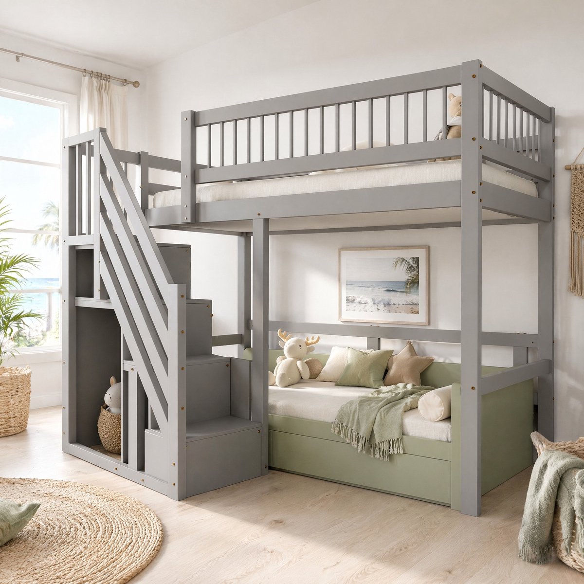COVREO Hoogslaper met opbergtreden – 205x142x173 cm – Kinderbed van hout – voor kleine kamers en extra bergruimte – Grijs - zonder matras