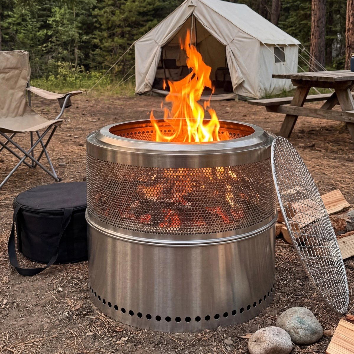 Vuurkorf Rookloos Met Grillrooster 50 Cm Roestvrij Staal Zilver Draagbaar Voor Buiten Kamperen En Terras