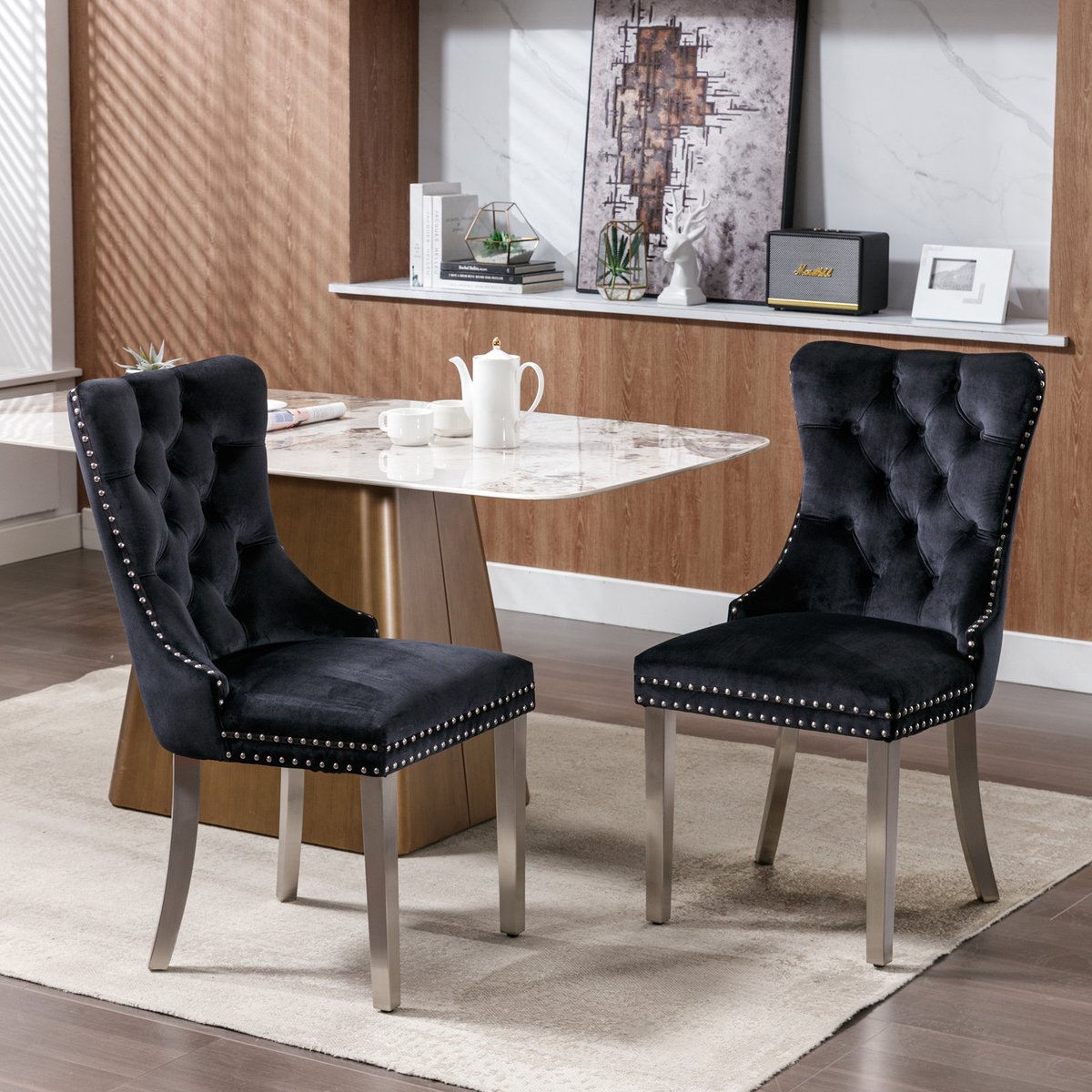 MEUNIQ set van 2 eetkamerstoelen zwart velvet met hoge rugleuning, gecapitonneerde rugleuning, metalen poten en nagelkopdetails voor eetkamer en woonkamer
