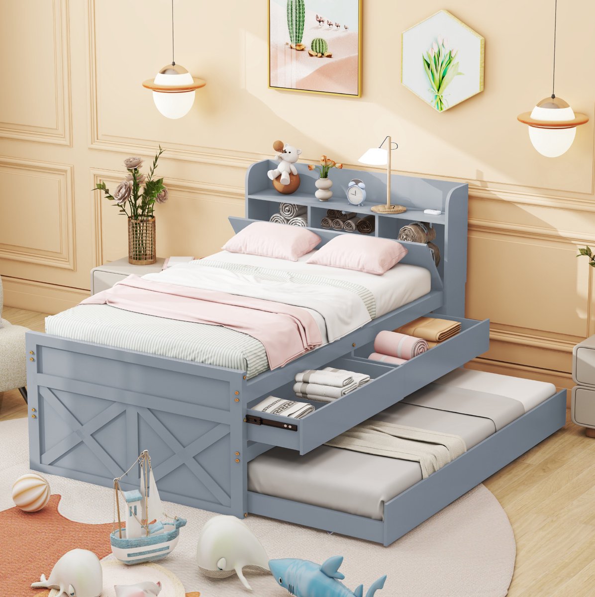 COVREO Bedframe 90x190 cm grijs, lattenbodem, opbergruimte, zonder matras