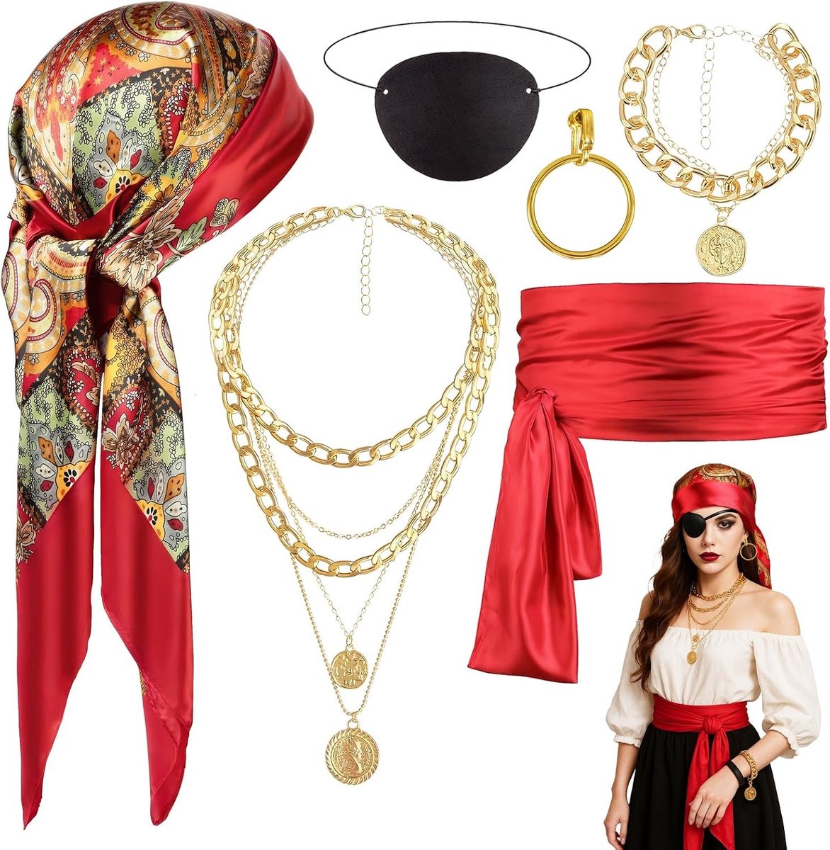 Medieval piratenkostuum accessoires set voor Halloween, carnaval en feesten met hoofddoek, ooglap, oorbellen en halsketting