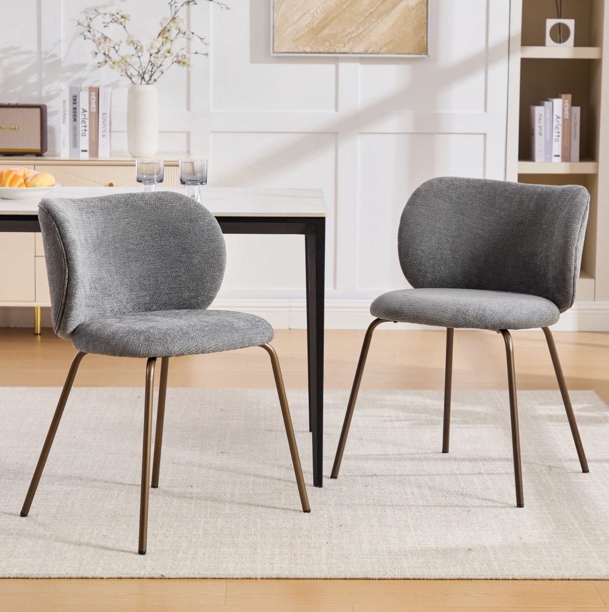 MEUNIQ Grijze chenille eetkamerstoelen set van 2 met metalen poten, gebogen rugleuning en zachte zitting voor eetkamer en keuken Grijs