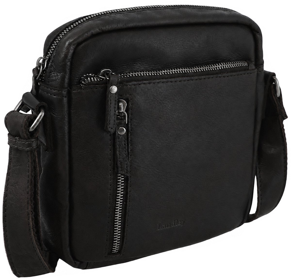 Landley Leren Schoudertas Heren - Crossbody Tas van Echt Leer - Verstelbare Schouderriem - Zwart