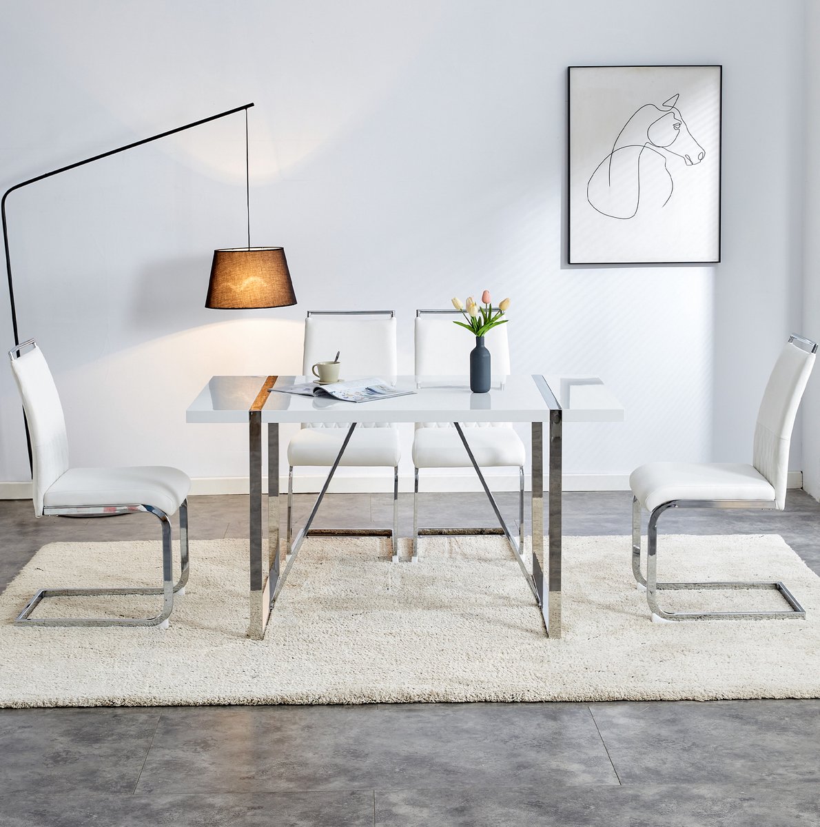 MEUNIQ Eetkamerstoel set van 2 wit met metalen buisframe, hoge rugleuning met kunstleer en linnen, gevoerde zitting 42 x 45 cm voor eetkamer, keuken of werkkamer