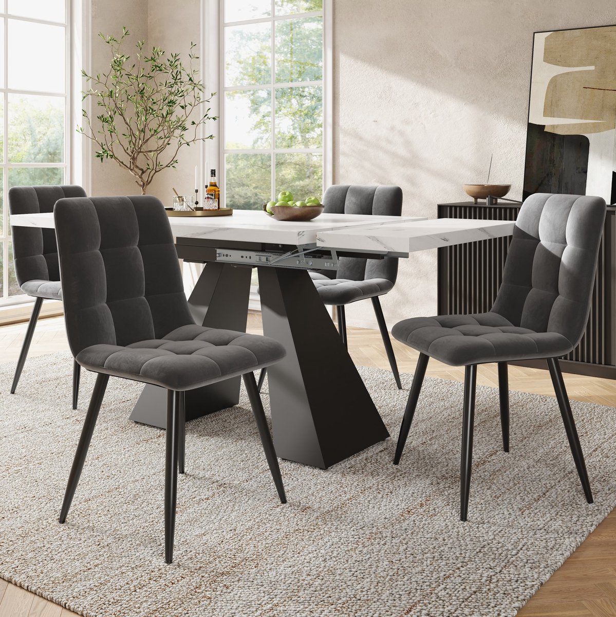 MEUNIQ uitrekbare eettafelset met 4 stoelen, 99-159 x 74 x 77 cm, moderne eetgroep voor eetkamer of keuken, wit en zwart