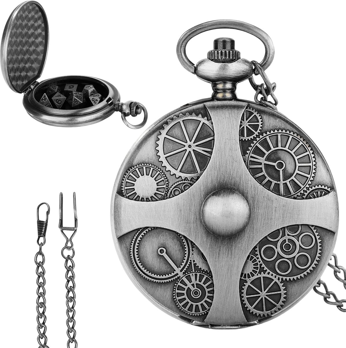 SnelShoppen - Mini DND Dice Set - 7 Polyhedral Steampunk D&D Mini Dice - Donker Zilver - Perfect voor Rollenspellen, Feestjes en Avonturen