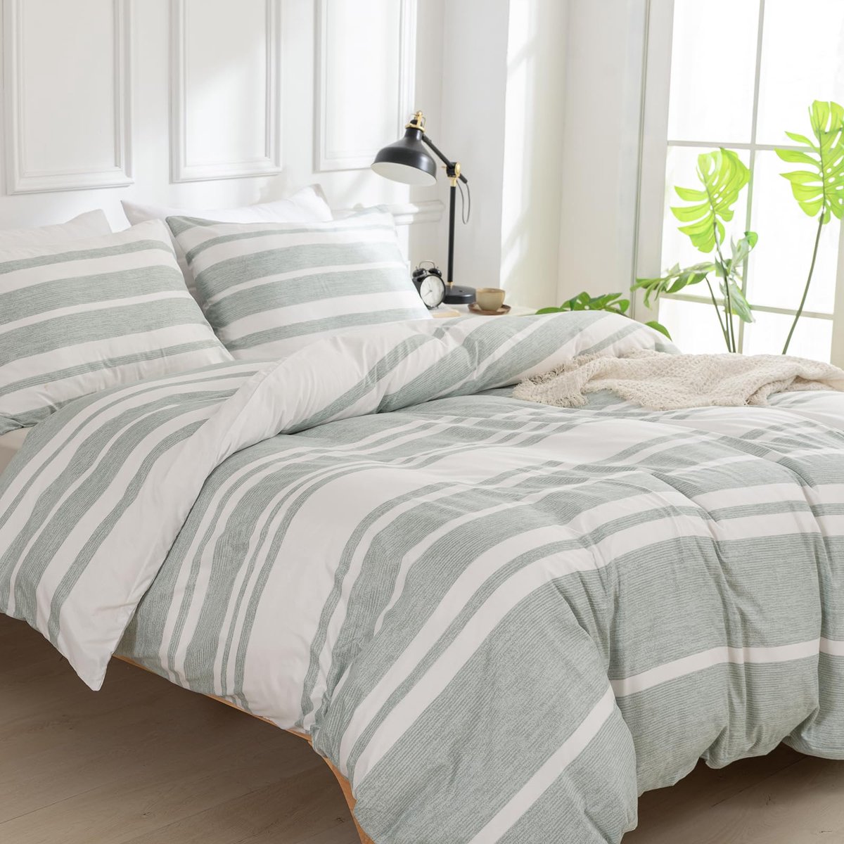 SnelShoppen - Beddengoed Set 240x220 cm - Gestreept Groen Microvezel Dekbedovertrek + 2 Kussenslopen 50x75 cm met Ritssluiting voor Luxe Slaapkamer