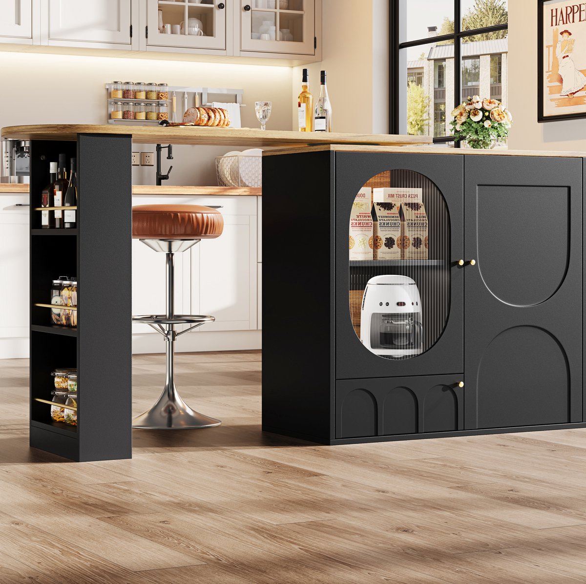 MEUNIQ bartafel 138 x 39 x 105 cm met 360° draaibaar en uitbreidbaar tafelblad, keukenisland met 3 deuren, opbergruimte en glazen deur voor keuken of woonkamer