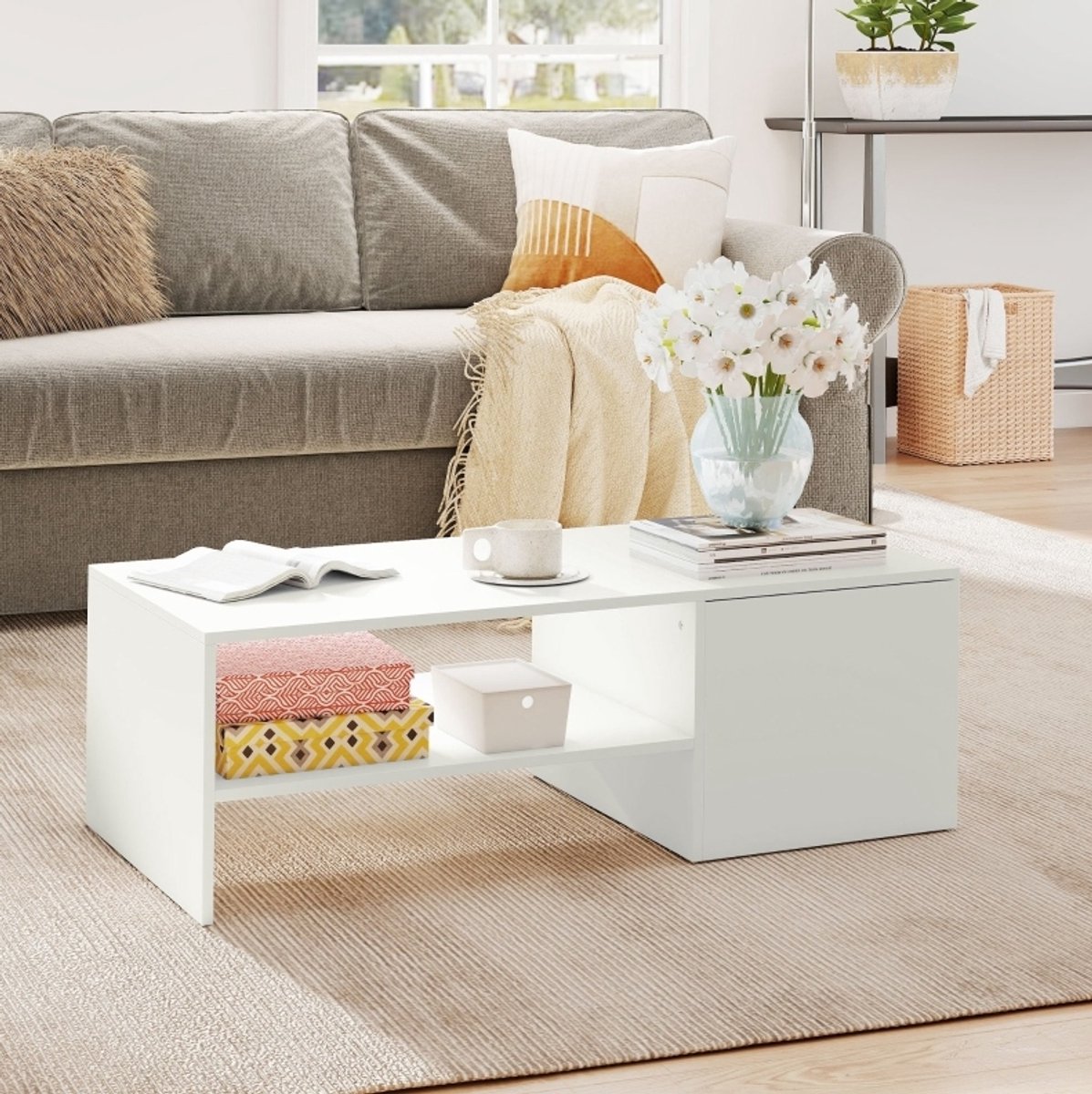OKWISH Salontafel - Verstelbaar Schuifblad - 110 x 52 x 36 cm - Verborgen Opbergruimte en Open Vak - Spaanplaat Wit