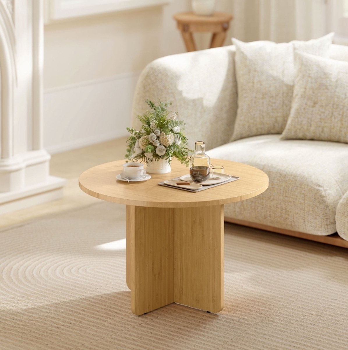 OKWISH Salontafel – Rond Design Met Kruisvoet – Voor Woonkamer En Zithoek – Gelakt Bamboe In Natuurkleur – 66 × 66 × 45 cm