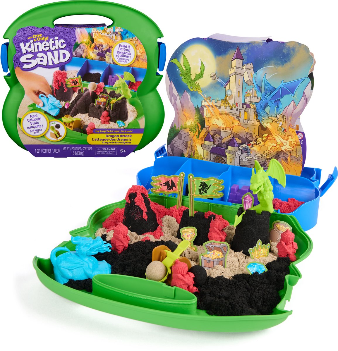 Kinetic Sand - Drakenaanval met 680 gram kneedbaar speelzand 2 speelgoeddraken kasteelvormen en een opbergdoos sensorisch knutselspeelgoed