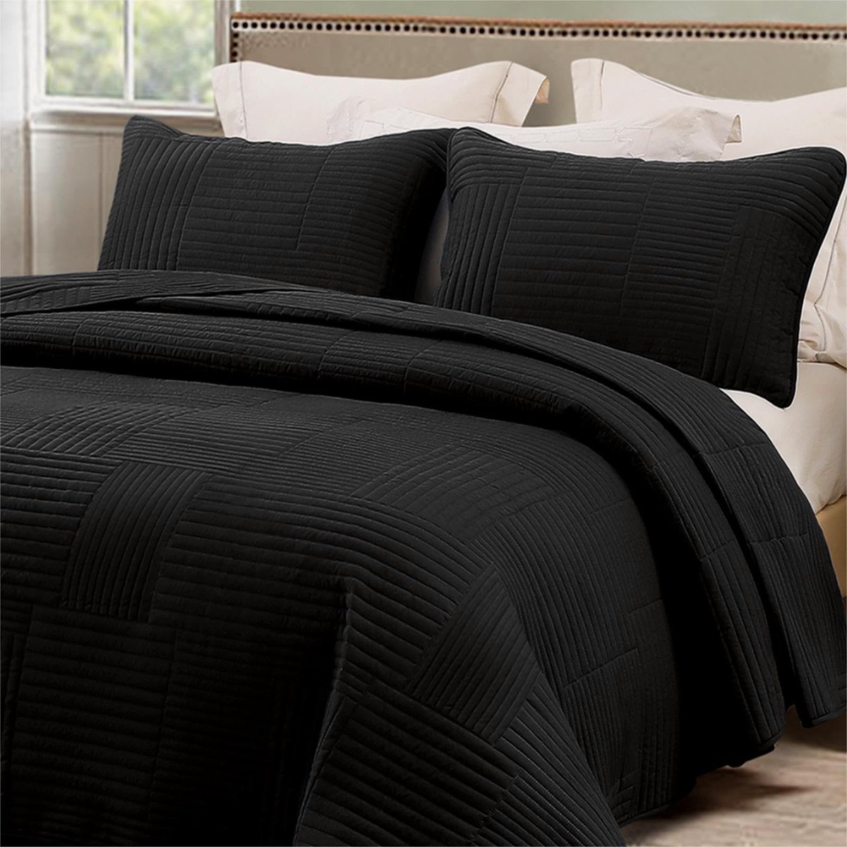 SnelShoppen - Whale Flotilla Sprei 220 x 240 cm, Zachte Microvezel Bedsprei met 2 Kussenslopen, Licht Dekbed met Strepenpatroon, Zwart voor Alle Seizo