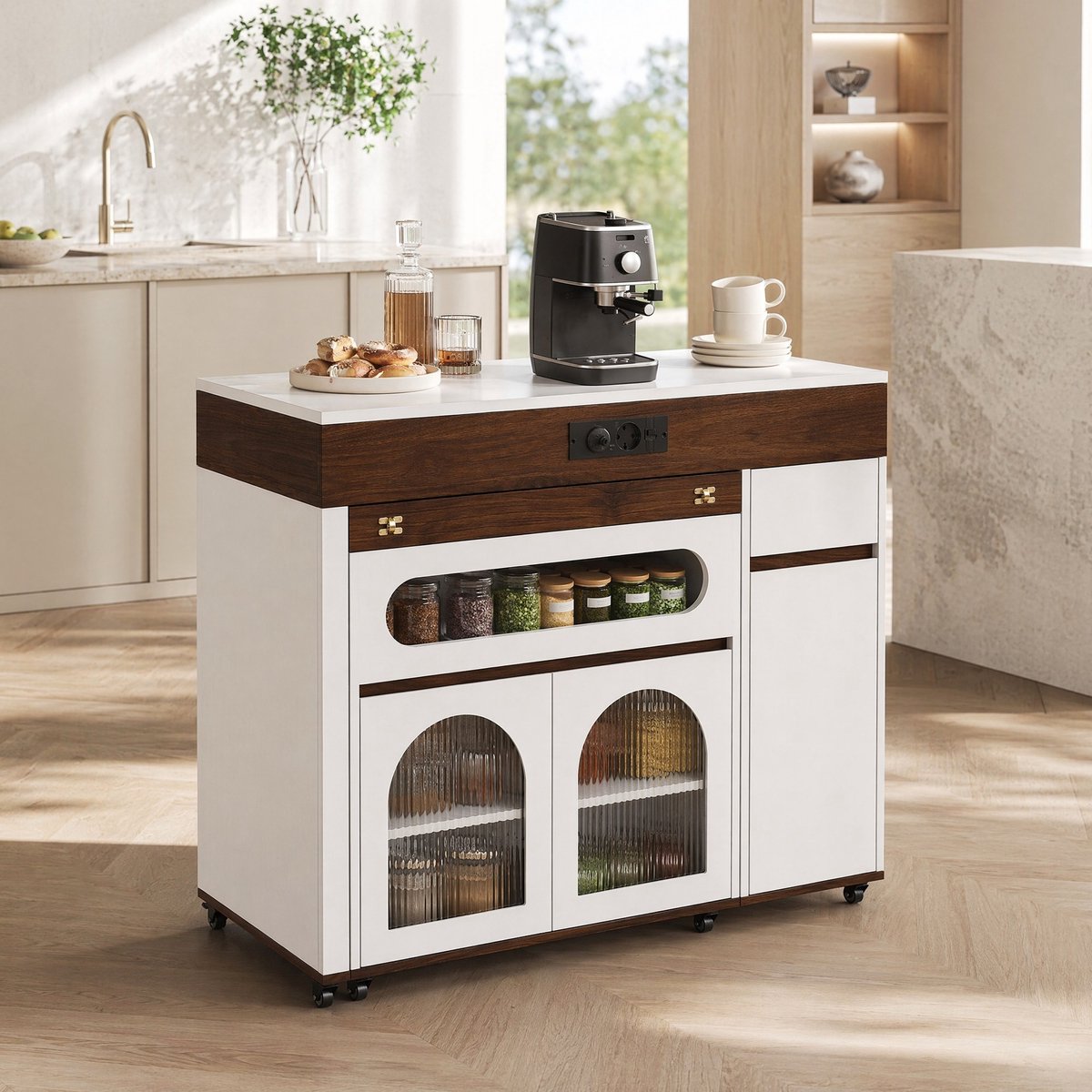 MEUNIQ Uitschuifbare eettafel en keukeneiland op wielen, 50,5-187,5 x 110,5 x 95,5 cm, met stopcontacten, lade en glazen kastdeuren, wit en walnoot Wit + walnootkleur