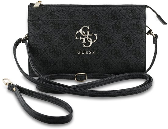 Petit sac téléphone noir Guess à motif logo G, bandoulière et dragonne.