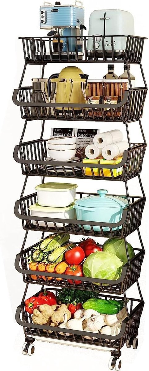 6-laags Plantopslagrek met Stapelbare Fruit- en Groentestand, Met Vergrendelbare Wielen en 5 Haken voor Keuken, Badkamer en Garage