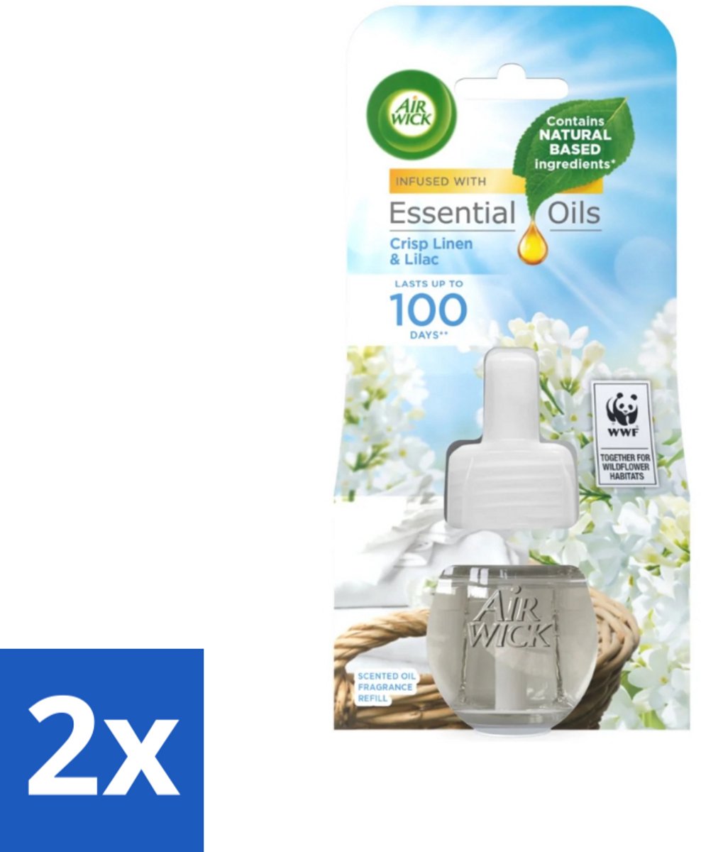 Air Wick - Luchtverfrisser Navulling - Essentiële Oliën - Fris Linnen & Lilac - Elektrische Geurverspreider - 20 ml - Voordeelverpakking - 2 stuks