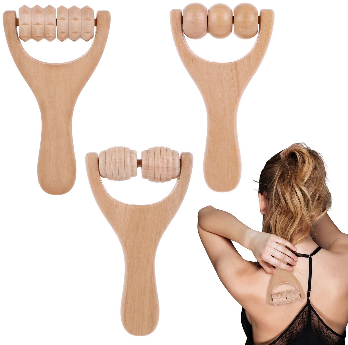 Elzusha - Set van 3 Houten Massage Rollers