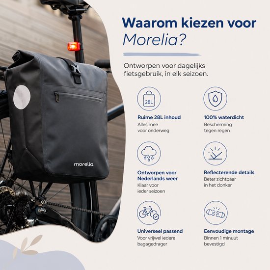 Morelia® Fietstas 100% Waterdicht ( 28 Liter Zwart) - Incl Laptoptas & Achterlicht - Fietstassen - Fietstassen Electrische Fietsen - Fietstassen Enkel - Tarpaulin materiaal — afbeelding 5