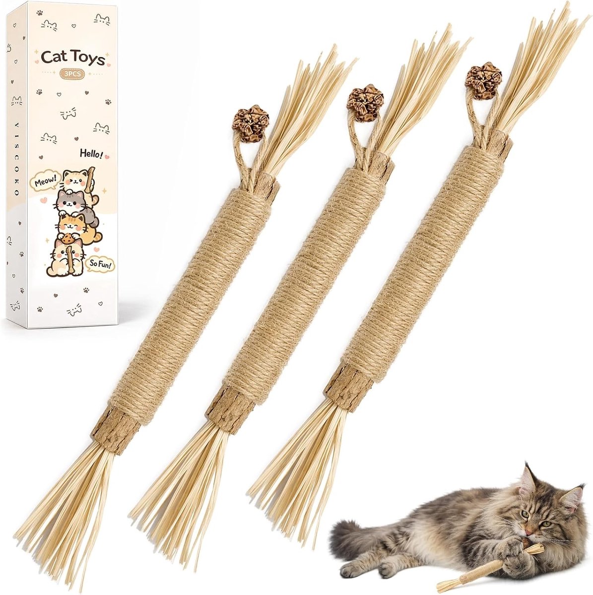 3-delige kattenkauwsnacks met kattenkruid, ideaal voor stressverlichting en speelplezier, perfect als cadeau voor kattenliefhebbers.