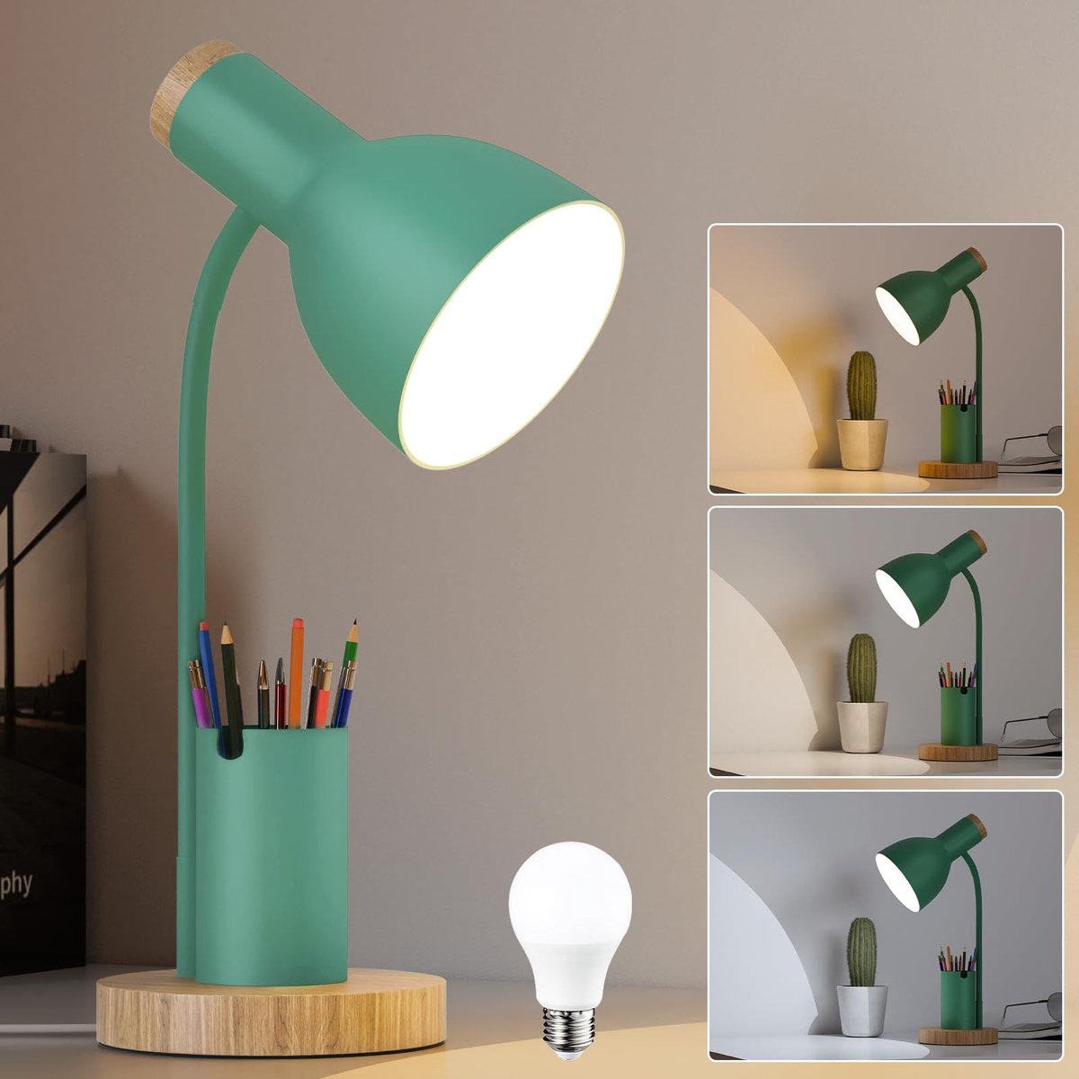 Elzusha - Bureau Lamp met Penhouder - Verstelbare LED Lamp - Groene Houten Accent