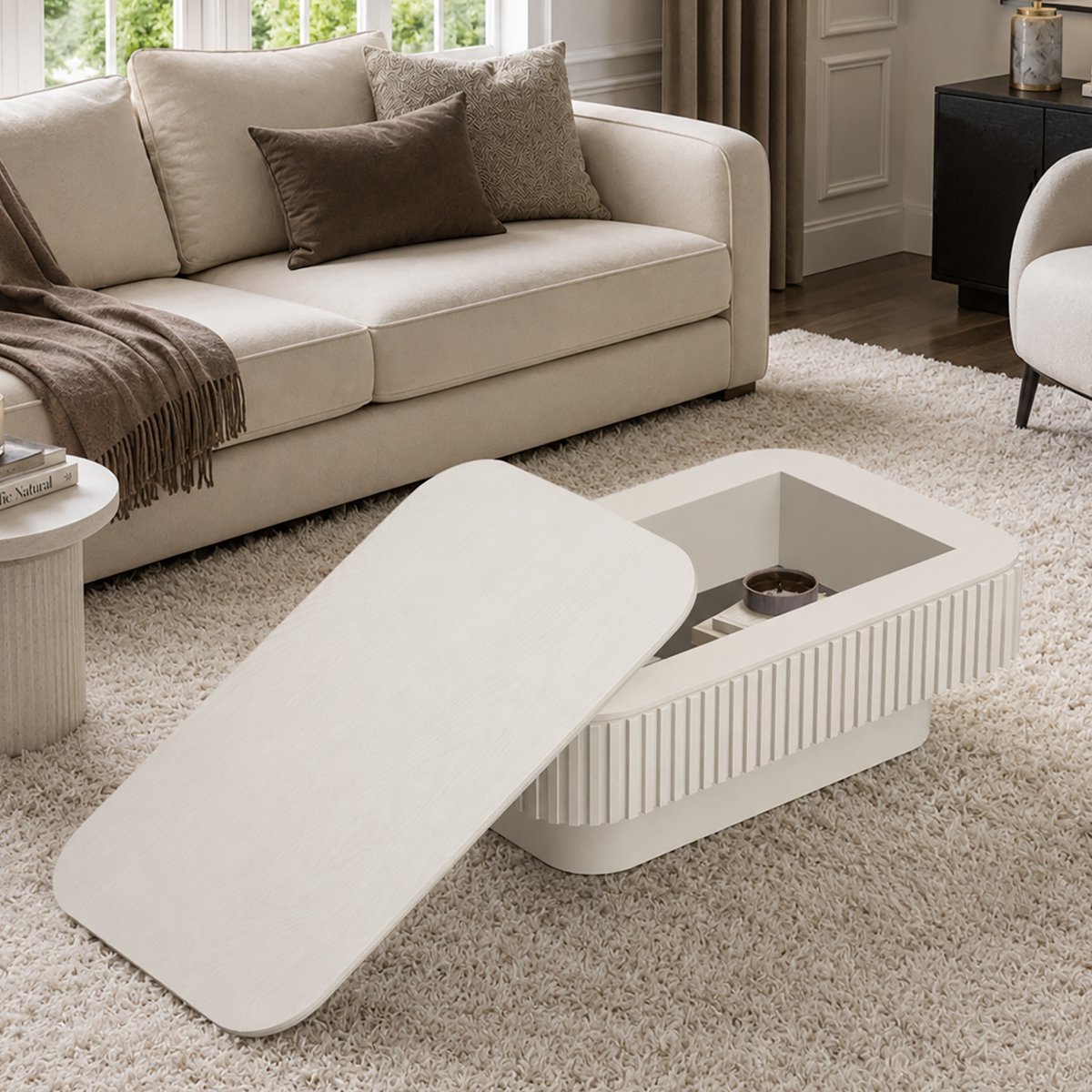 COVREO Salontafel 98 x 60 x 35 cm creme MDF - fluted design - verborgen opbergruimte met flip-top Cream